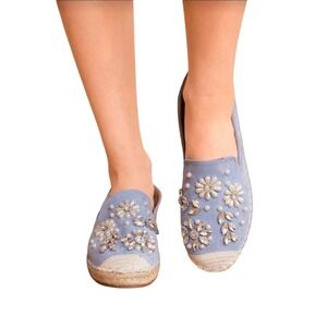 Women Blue Espadrille Flats Embellished Pearls Rhinestones Slip On Shoes